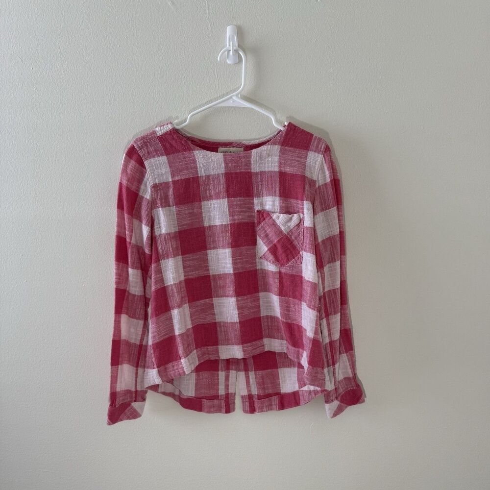 Cloth & Stone Womens Buffalo Check Plaid Linen Shirt Preppy Button Back Sz Small